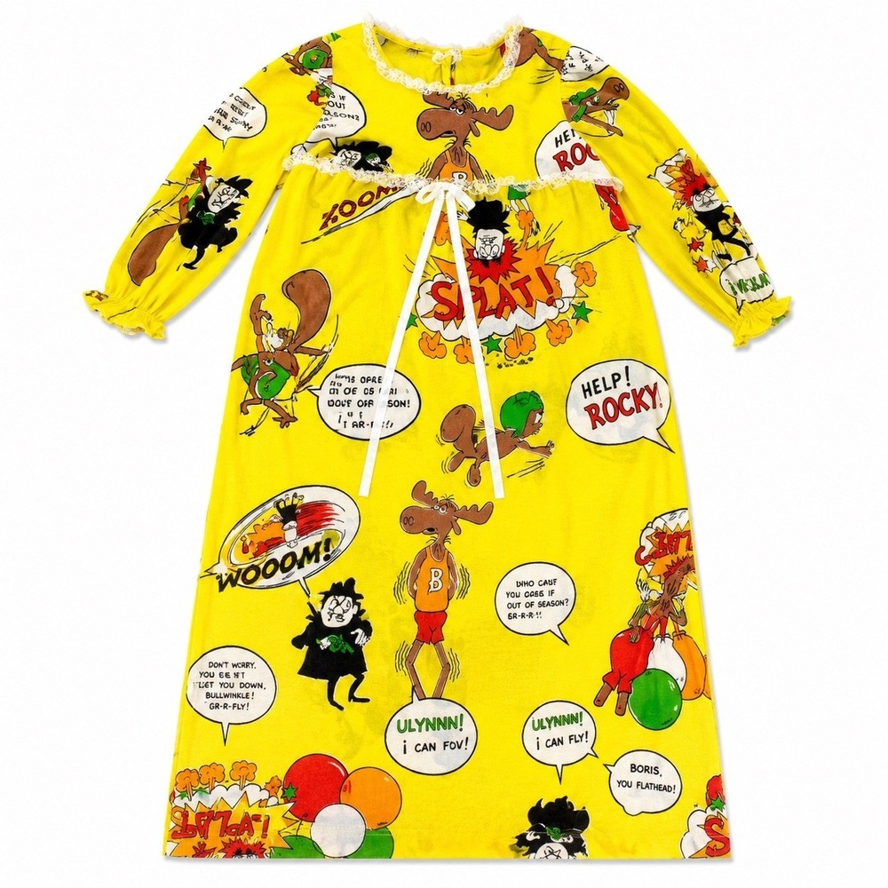 VTG Philmaid Rocky & Bullwinkle Nightgown M 70s Yellow Comic Boris Natasha 50"